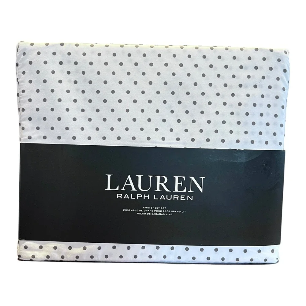 NEW Lauren Ralph Lauren King Sheet Set White Gray Dot Cotton Extra Deep Rare